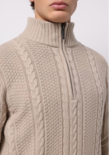 Colins Regular Fit Dik Yaka Jakarlı Erkek Ekru Kazak Cl1076243 Q1.v1 Ecr Ekru