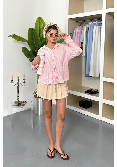 Jee Lee Kadın Uzun Kollu Bağlama Detaylı Çizgili Gömlek Pembe - 26y 2123 Pembe