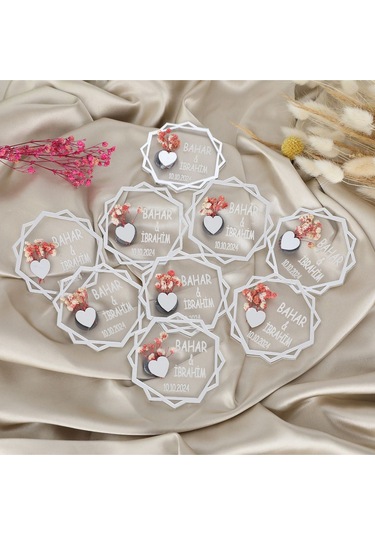 10 Lu Kişiye Özel Akrilik Magnet Nikah Şekeri - Gümüş Detaylı Çiçekli Tasarım