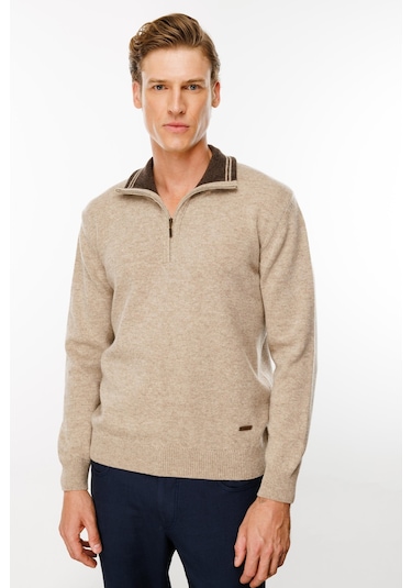 Erkek Fermuarlı Yaka Klasik Yün Kazak K.bej K.bej