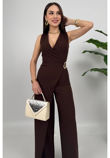 Crimson Icon Kadın Kemer Detaylı Askılı Bol Paça Kahve Tulum Rahat Şık Yazlık Kombin Kahve