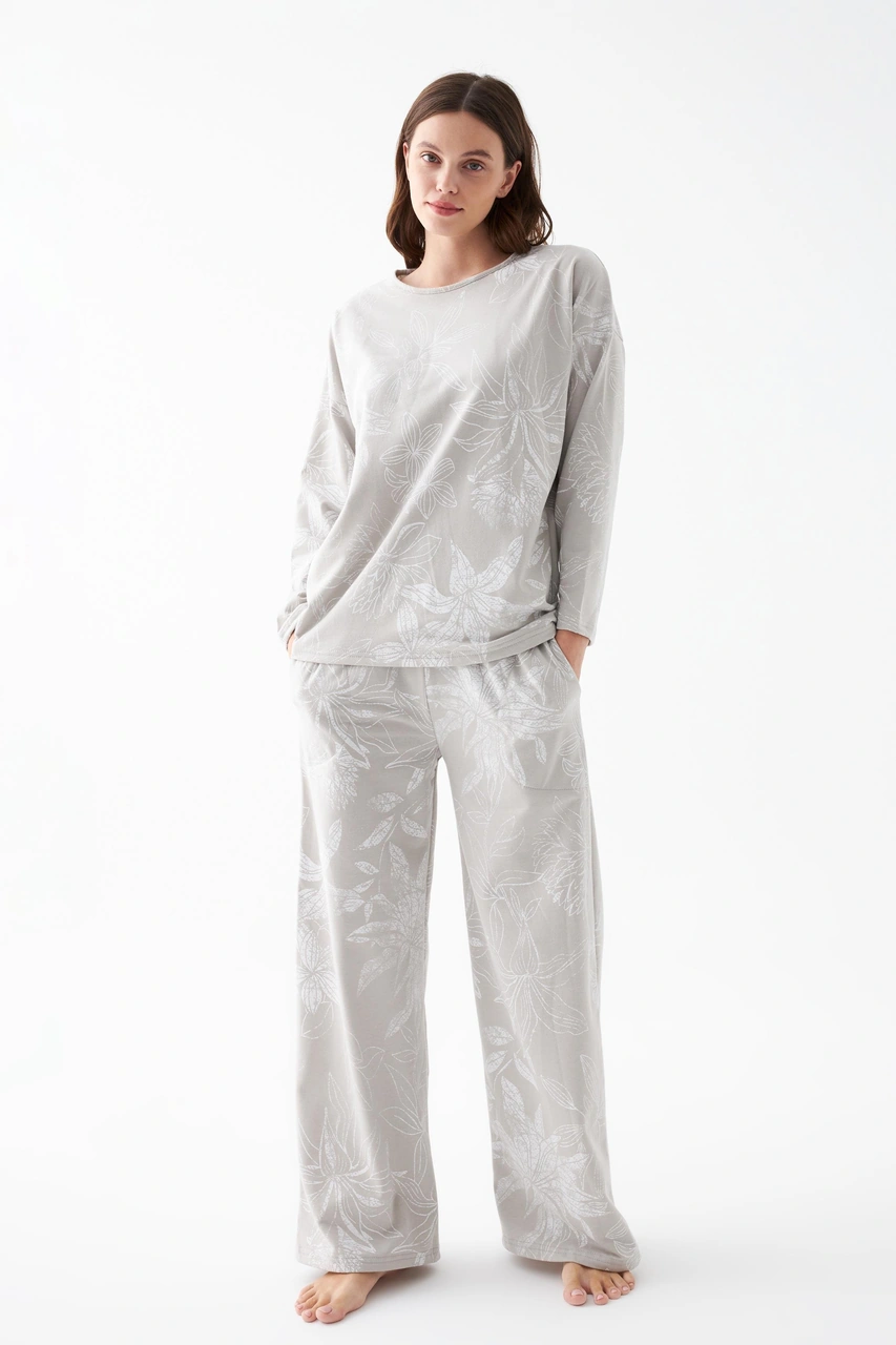 Akbeniz Kadın Oversize Gri Çiçek Desenli Pamuklu Kalın Pijama Takımı Gri