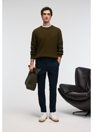 Grımelange Vıntlace Erkek Yuvarlak Yaka Saç Örgü Desenli Regular Fit Triko Haki Kazak Haki