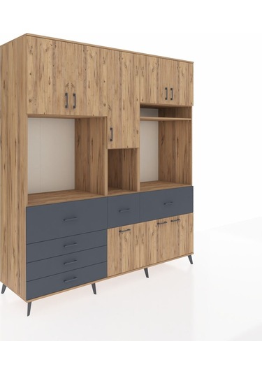 Kronos Dolap 10 Raflı 6 Çekmeceli 8 Kapaklı 220x59x243 Çam-çam/antrasit Atlas Çam/antrasıt