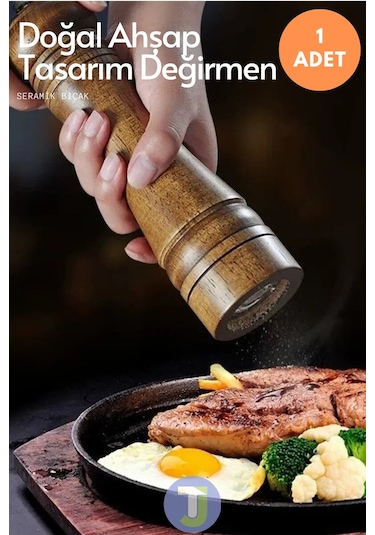 Technojet 1 Adet 22cm Doğal Ahşap Karabiber Tuz Kahve Baharat Öğütücü Ahşap Değirmen Tuzluk Biberlik