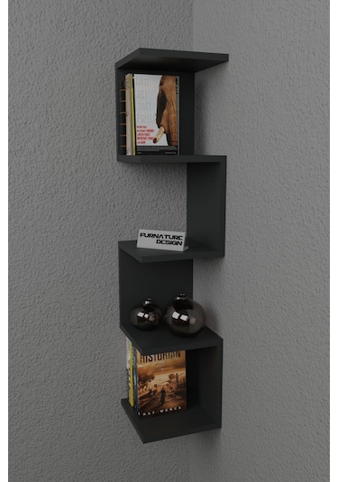 Zigzag Köşe Raf Kitaplık Duvar Rafı Antrasit Antrasit
