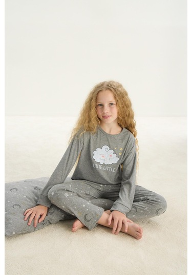 Sevim Kız Çocuk Uzun Kol Gri Melanj Pijama Takım C6t9n6o8 001