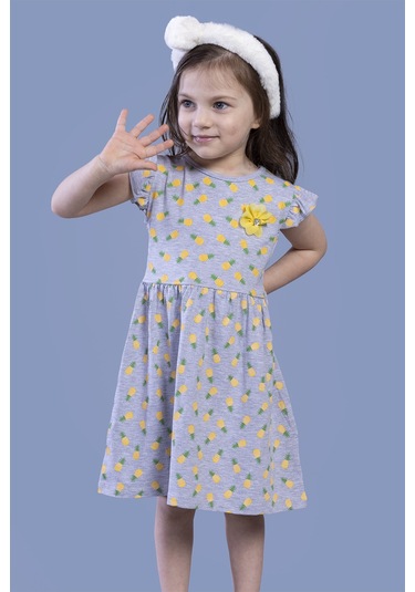 Toontoy Kız Çocuk Komple Ananas Baskılı Çiçek Aksesuarlı Elbise Gri Melanj