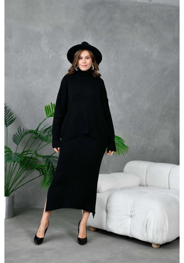 Kadın Balıkçı Yaka Oversize Kazak Uzun Etek İkili Triko Takım Siyah