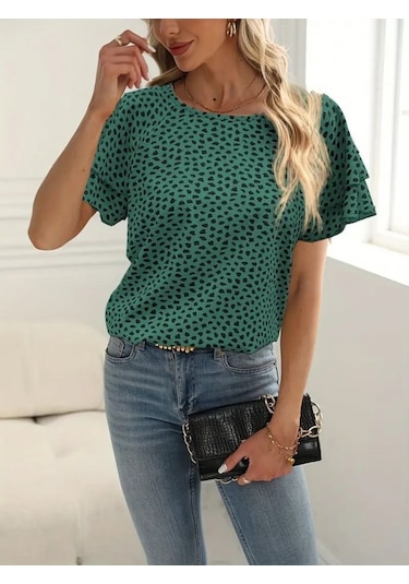 Ge Ticaret Kadın Kısa Kollu Kolları Volanlı Baskılı Süprem Bluz Yeşil