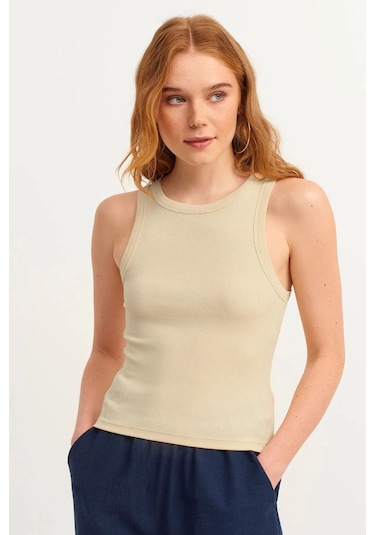 Mea Capio Kadın Krem Fitilli T-shirt Halter Yaka Örme Atlet Krem