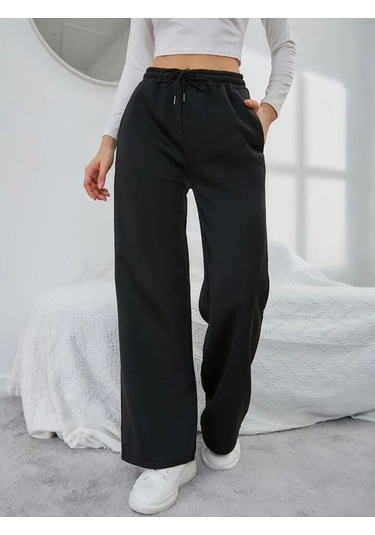 Kallima Kışlık Polarlı Yüksek Bel Siyah Bol Paça Eşofman Altı Siyah