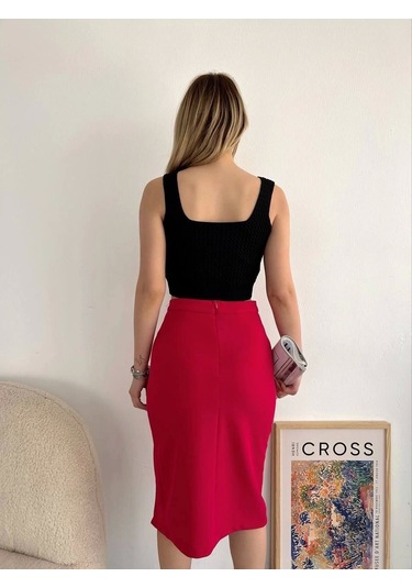 Yırtmaçlı Esnek Kumaş Midi Boy Etek Koyu Kırmızı Kırmızı