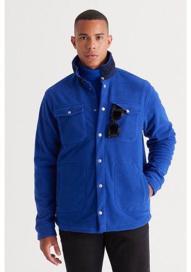 AC&Co / Altınyıldız Classics Erkek Saks-lacı Standart Fit Normal Kesim Gömlek Yaka Cepli Polar Ceket Lacivert