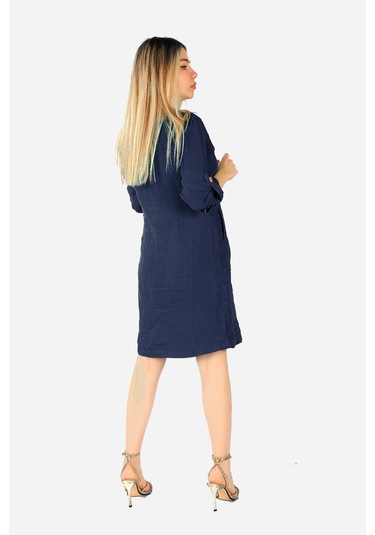 Keten Midi Elbise Lacivert