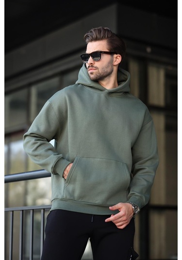 Haki Kapüşonlu Kanguru Cep Erkek Sweatshirt E7169 Haki