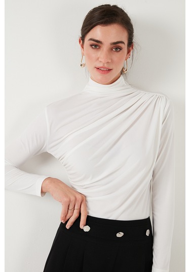 Lela Streç Büzgü Detaylı Slim Fit Dik Yaka Bayan Bluz 669925 Ekru