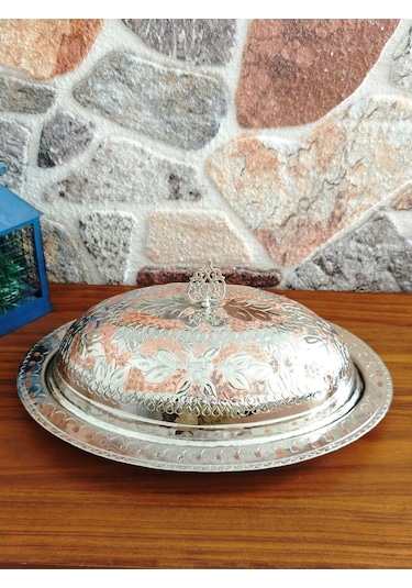 Modabakir Kayık Tabak, Bakır Sahan Kapaklı Işlemeli 35 Cm