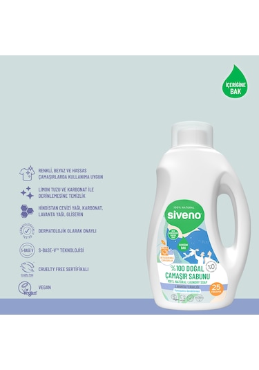Siveno %100 Doğal Çamaşır Sabunu %100 Bitkisel Deterjan Kendinden Yumuşatıcılı Konsantre Vegan 750 ML