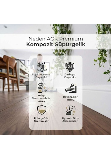 Espumo Kompozit Süpürgelik 8 cm Beyaz | Suya Dayanıklı Parke Duvar Süpürgelik 2,40 m ESP301