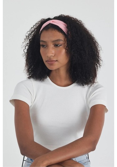 Beyaz Kısa Kol Bisiklet Yaka Vücuda Oturan Kaşkorse Crop + Bandana Set %100 Pamumklu, Esnek Rahat Beyaz-pembe