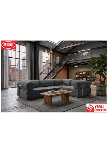 Herev Max 300x200 Kk Köşe Koltuk Takımı / Fitilli Kadife Kumaşlı Şark Köşe Antrasit