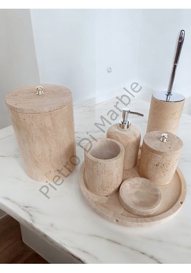 Sarı Traverten Klasik Model 7 Parça Gümüş Renk Düğme Aksesuarlı Banyo Seti Sarı Traverten