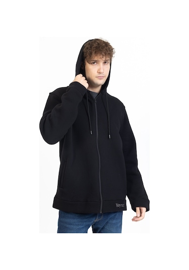 Tampap Erkek Kışlık Büyük Beden Kapşonlu Sweat Baskılı Fermuarlı Waynap Siyah