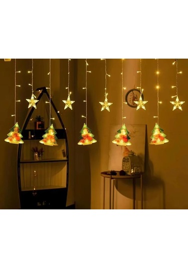 Çam Ağacı Ve Yıldız Figürlü Animasyonlu Sarkıt Perde Led Işık Yılbaşı Parti Süs Işıkları Günışığı