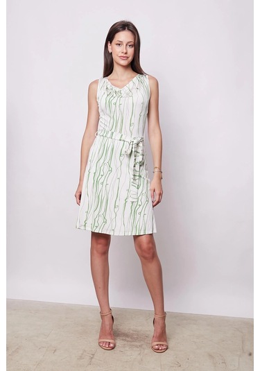 Kadın Desenli Degaje Yakalı Kolsuz Eteği Kiloş Likralı Hafif Parlak Kumaş Elbise-mint Desen Mint Dsn.