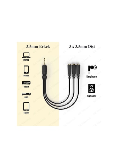 3.5mm 1 Giriş 3 Çıkış Çoklayıcı 5+1 Ses Sistemi Bağlantı Kablosu