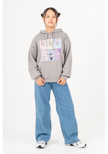 Kız Çocuk Labubu Baskılı 3 İplik Kışlık Şardonsuz Sweatshirt 4540 Gri