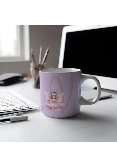 V Harfi Pembe Peri Kızı Figürlü Kupa Bardak Masalsı Çay Kahve Kupası - Kişiye Özel Hediye Beyaz