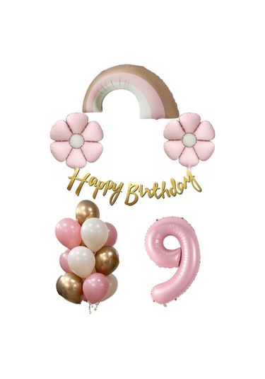 Retro 9 Yaş Papatya Temalı Kız Bebek Konsept Doğum Günü Seti Pembe