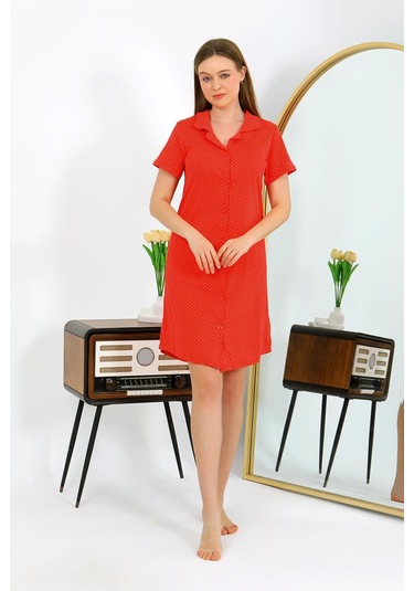 Akbeniz Kadın Pamuk Penye Kısa Kol Düğmeli Kırmızı Tunik Gecelik 13112 Kırmızı