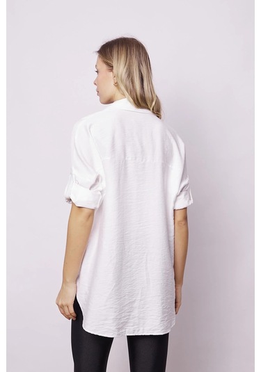 Kadın Keten Görünümlü Kolu Katlanabilir Rahat Kesim Uzun Tunik Gömlek-krem Krem