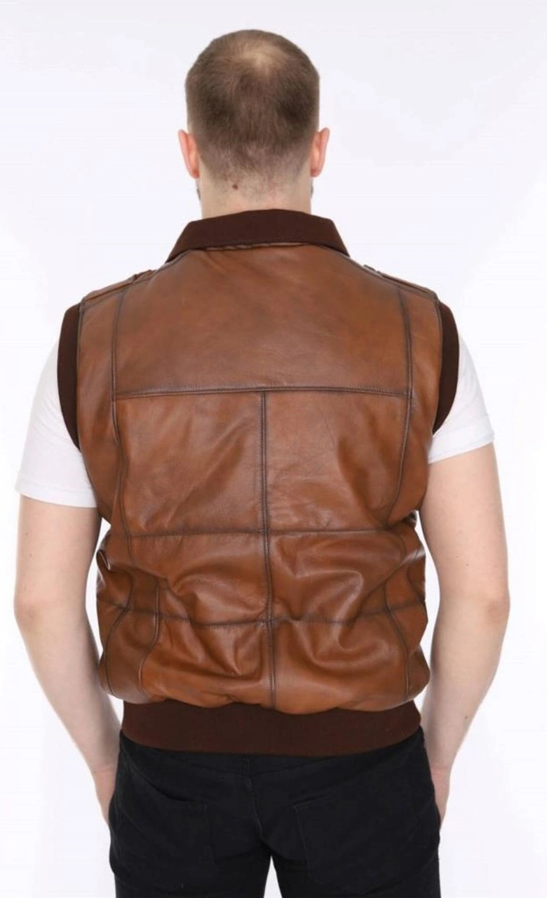 Hakiki Deri Taba Lastikli Erkek Yelek Taba