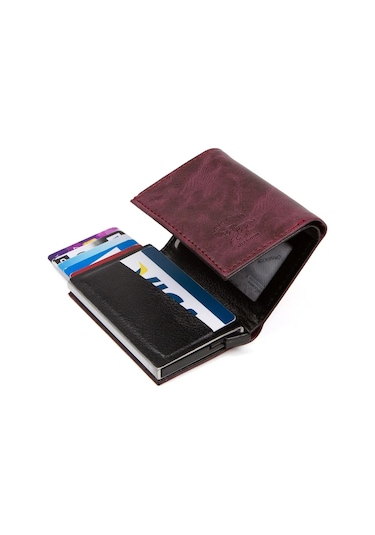 Tuldar Erkek Rfıd Otomatik Çekim Koruyucu Mekanizmalı Kağıt Para Bölmeli Hediyelik Kartlık Cüzdan Tul601 - Mor