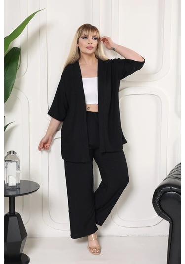 Bürümcük Kumaş Kimono Hırka Alt-üst Takım M-6xl Siyah