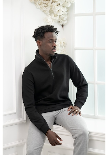 San&Fa Regular Fit Biyeli Fermuarlı Dik Yaka Armürlü Pamuklu Sweatshirt Siyah