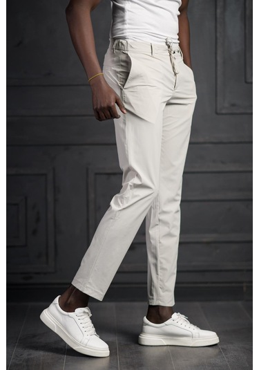 Beli Lastikli Ve İplikli Likralı Yazlık İnce Paraşüt Kumaş Jogger Pantolon Krem