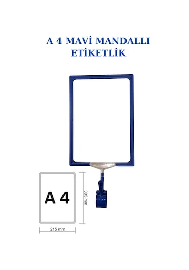 3 Adet Mavi A4 Mandallı Raf Sepet Etiketi Çerçeveli Etiketlik Mavi