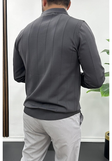 Erkek Yarım Fermuarlı Polo Yaka Mevsimlik Kazak Füme Edw195 Füme