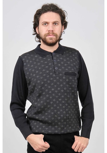 Çizgi Triko Erkek Cep Detaylı Polo Yaka Desenli Kazak 42544226 Lacivert Lacivert