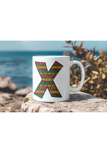 X Harfi Etnik Desenli Kupa - Afrika Tarzı Kahve Çay Kupası - Hediyelik - Black History Beyaz