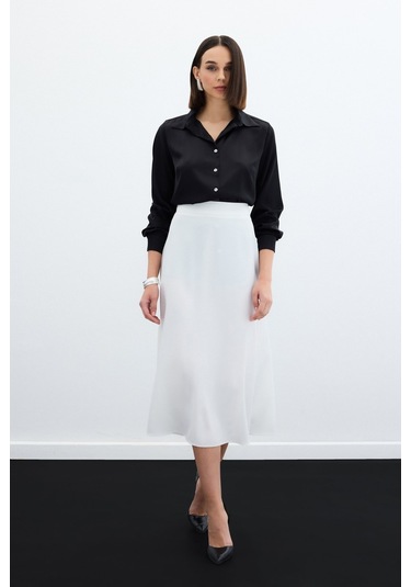 Sateen Midi Boy Saten Etek - Ekru