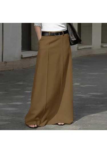 Vonda Kadın Cep A Etek Fermuar Düz Renk Uzun Yarım Etek Kahverengi