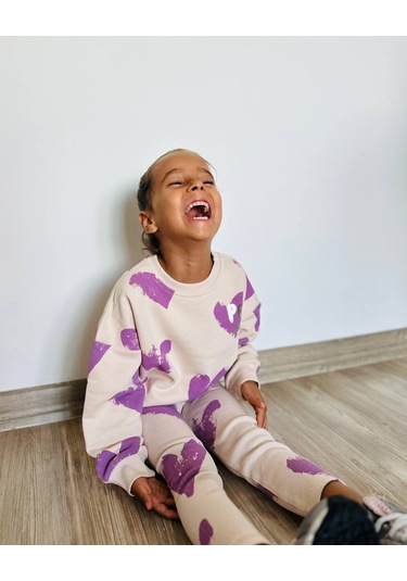 Kız Çocuk Çiçek - Leopar Detaylı 3 İplik Alt Üst Takım Sweatshirt + Tayt Mor