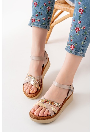 730-015 Bej Multi Ortopedik Hakiki Deri Dolgu Kadın Sandalet Bej