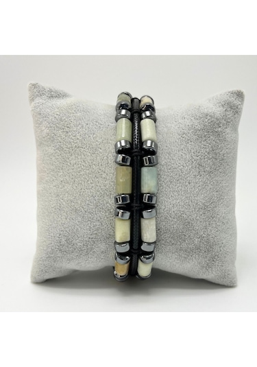 Yıldız Doğal Taş Amazonit Ve Hematit Makrome Doğal Taş Deri Erkek Bileklik Çok Renkli